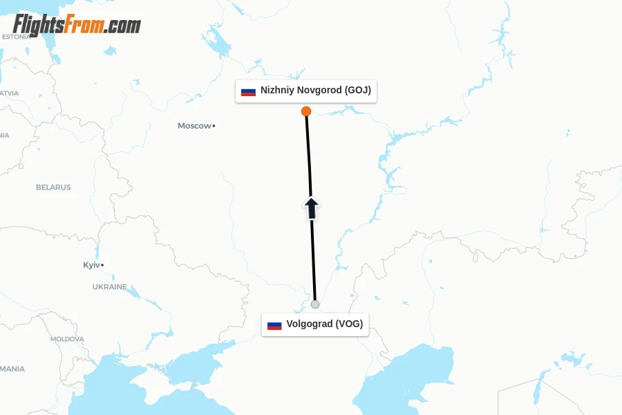 Flights from Volgograd to Nizhniy Novgorod route map