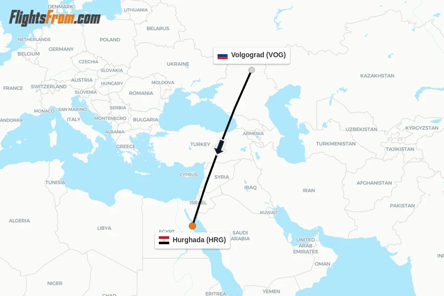 Flights from Volgograd to Hurghada route map