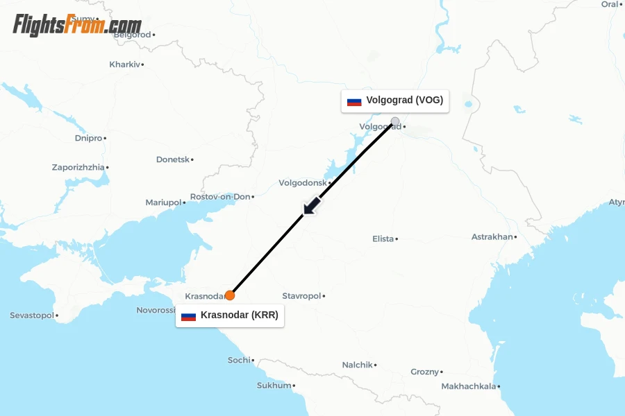 Flights from Volgograd to Krasnodar route map