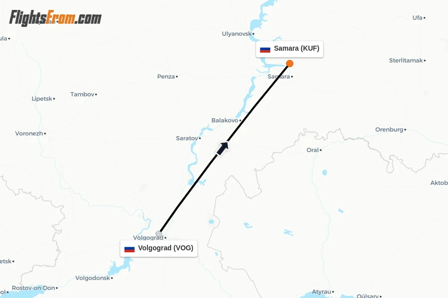 Flights from Volgograd to Samara route map