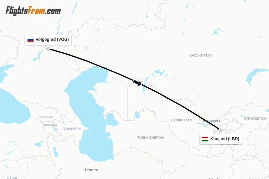 Flights from Volgograd to Khujand route map