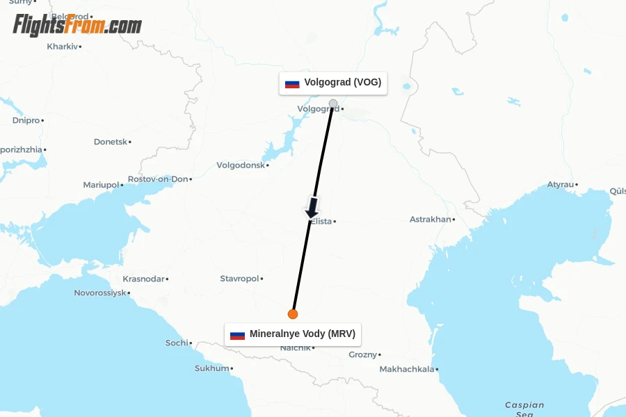 Flights from Volgograd to Mineralnye Vody route map