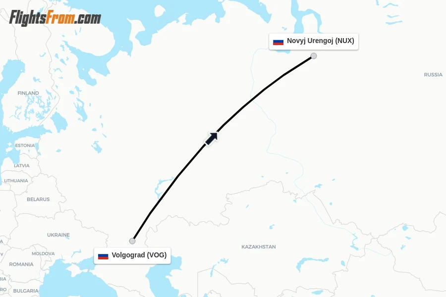 Flights from Volgograd to Novyj Urengoj route map