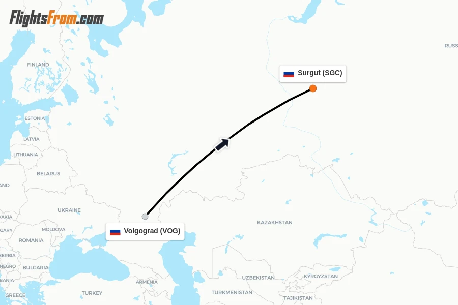 Flights from Volgograd to Surgut route map