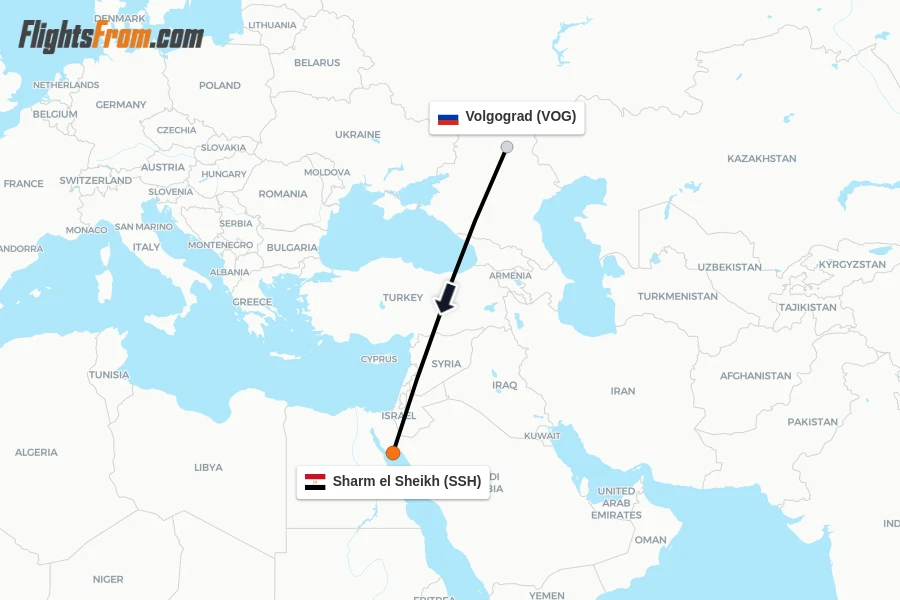 Flights from Volgograd to Sharm el Sheikh route map