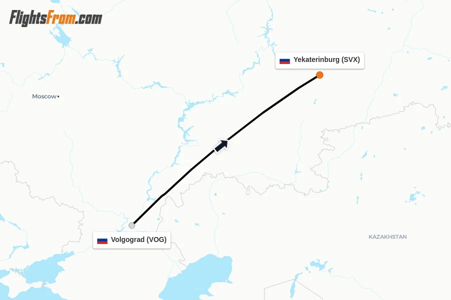 Flights from Volgograd to Yekaterinburg route map