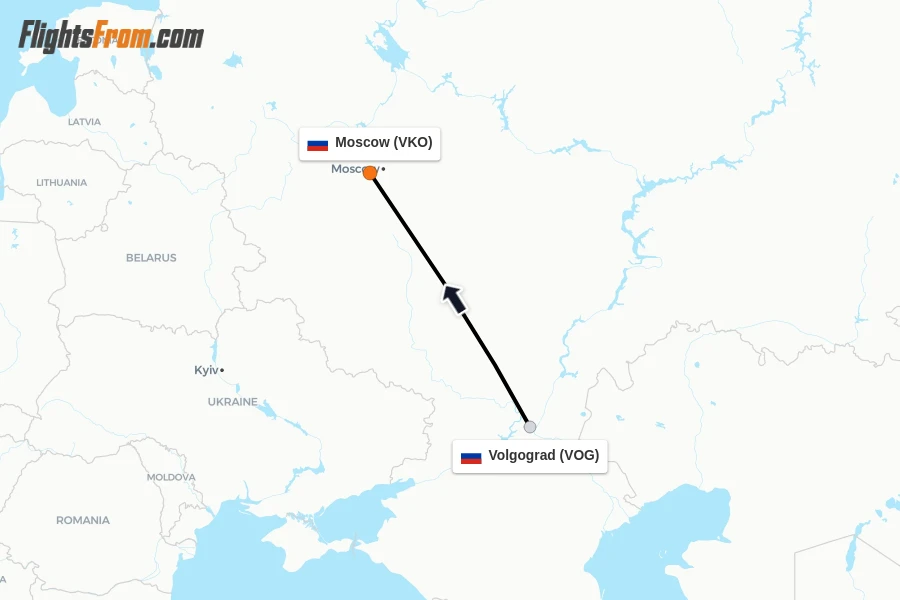 Flights from Volgograd to Moscow route map