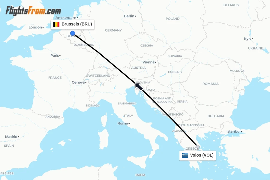 Flights from Volos to Brussels route map