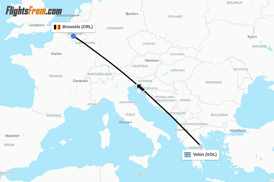 Flights from Volos to Brussels route map