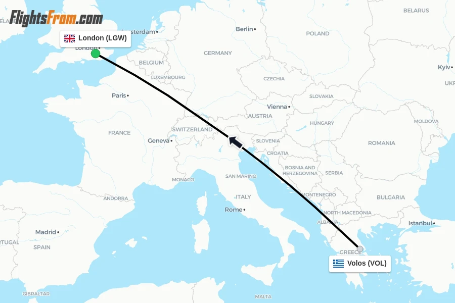 Flights from Volos to London route map