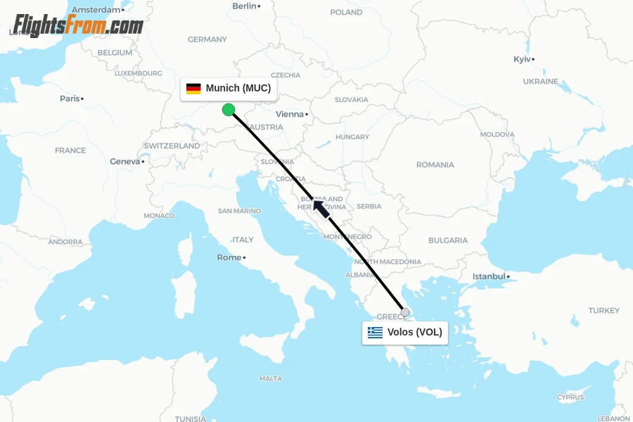 Flights from Volos to Munich route map