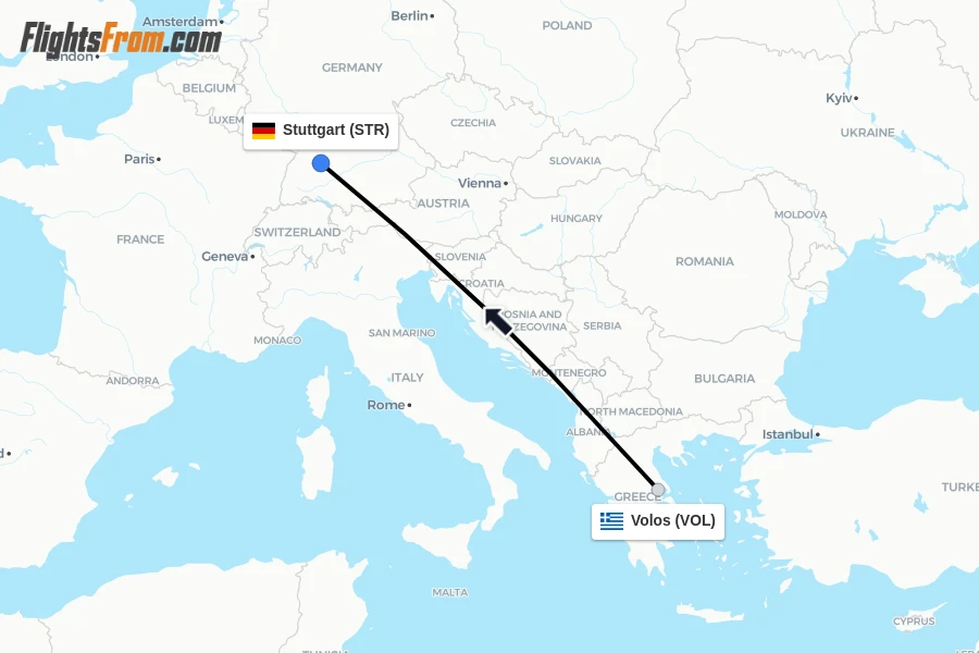Flights from Volos to Stuttgart route map