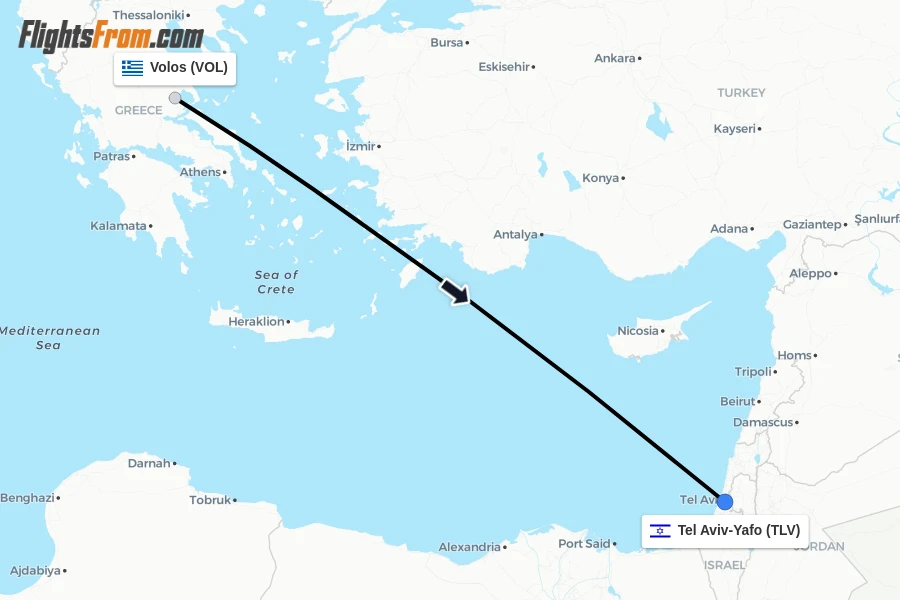Flights from Volos to Tel Aviv-Yafo route map