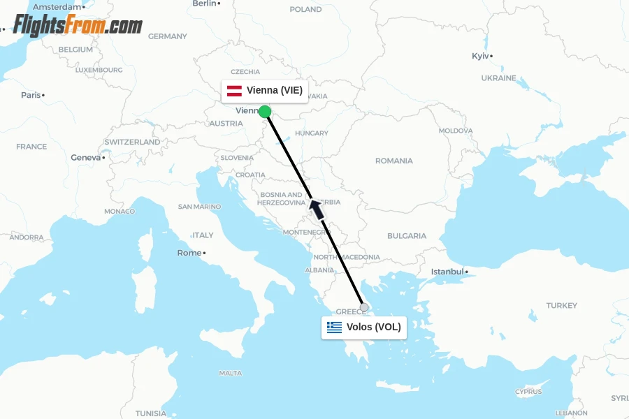 Flights from Volos to Vienna route map