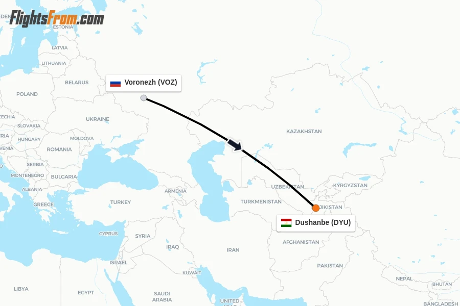 Flights from Voronezh to Dushanbe route map