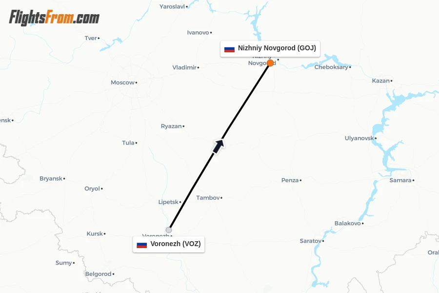 Flights from Voronezh to Nizhniy Novgorod route map