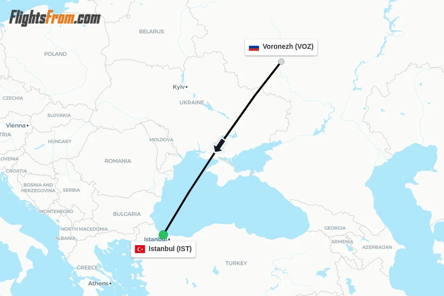 Flights from Voronezh to Istanbul route map