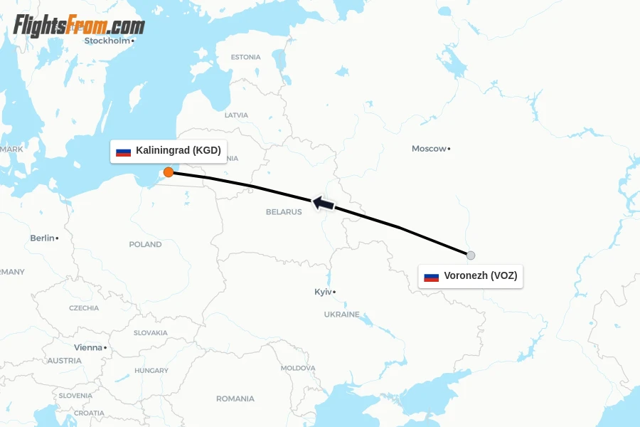 Flights from Voronezh to Kaliningrad route map