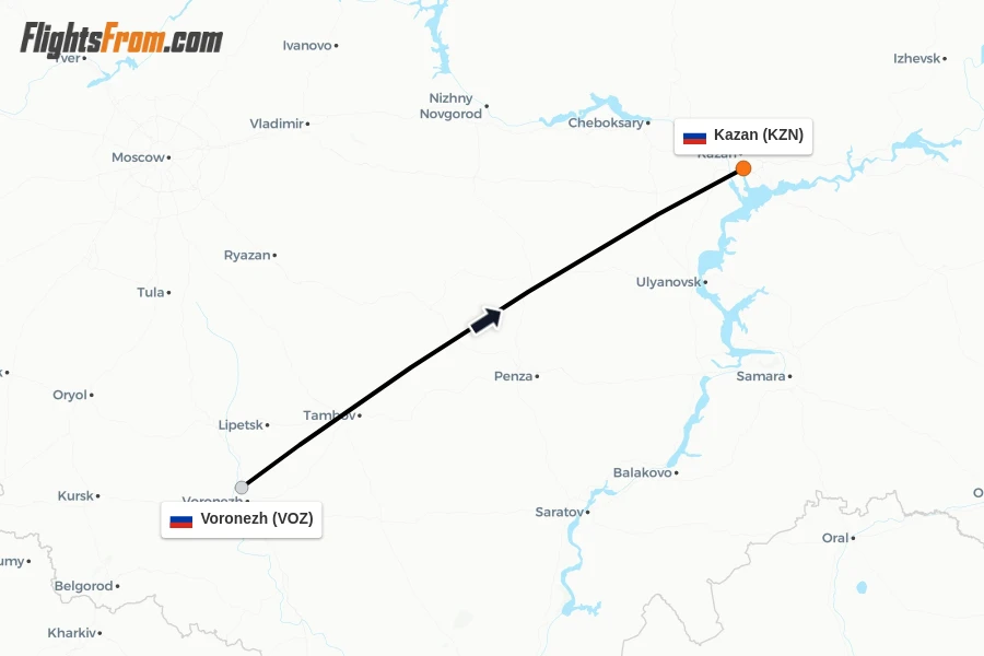 Flights from Voronezh to Kazan route map