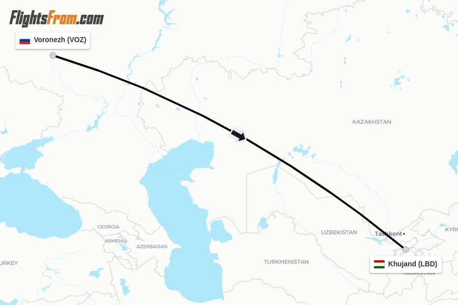 Flights from Voronezh to Khujand route map