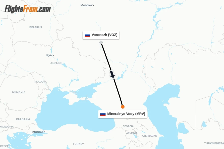 Flights from Voronezh to Mineralnye Vody route map