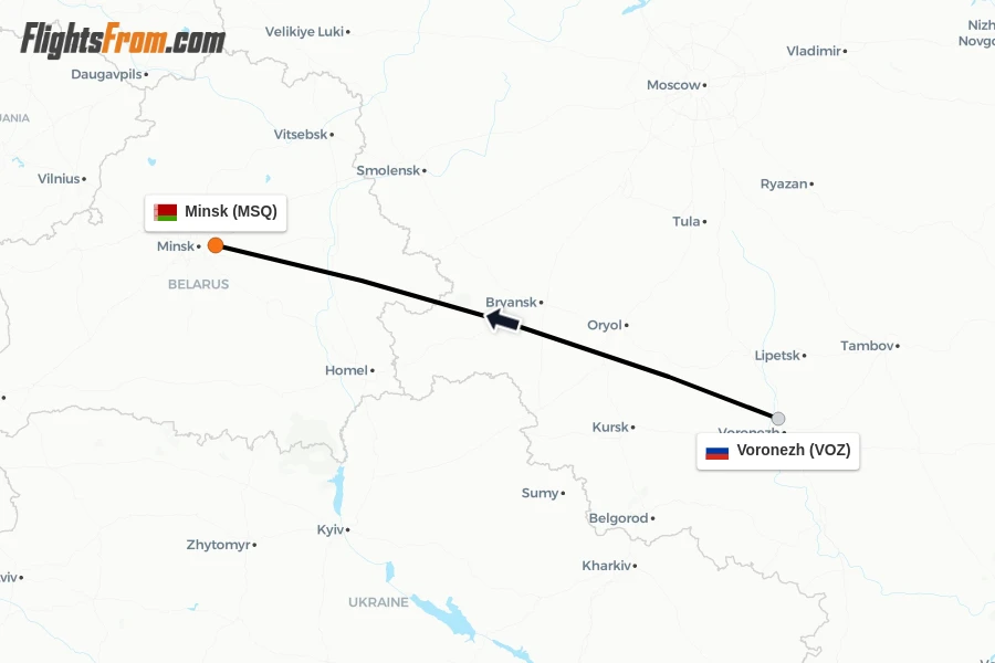 Flights from Voronezh to Minsk route map