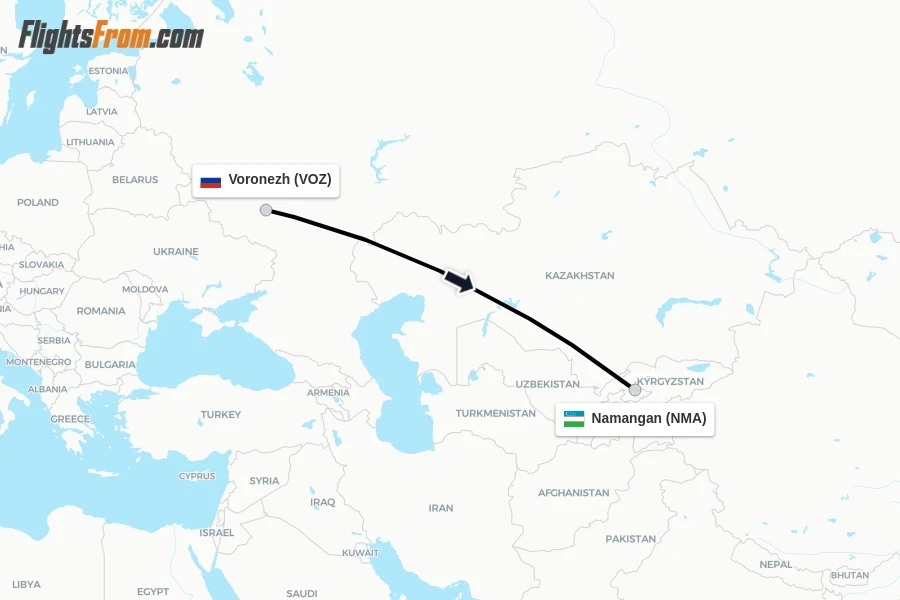 Flights from Voronezh to Namangan route map
