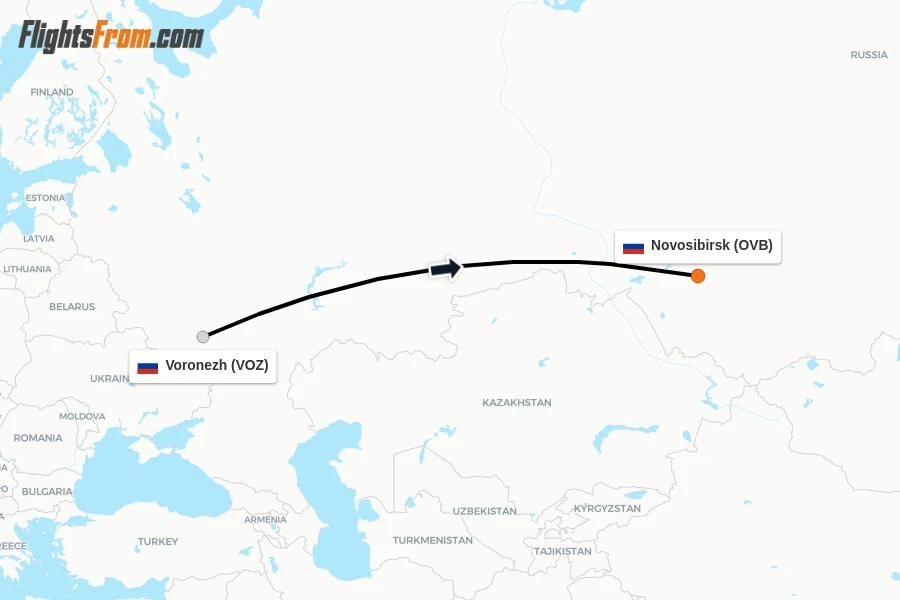 Flights from Voronezh to Novosibirsk route map