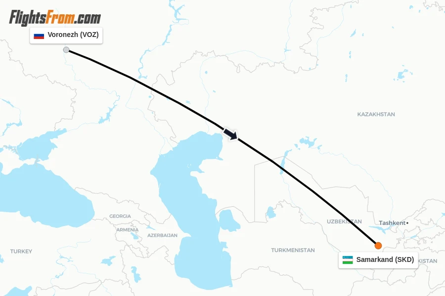 Flights from Voronezh to Samarkand route map
