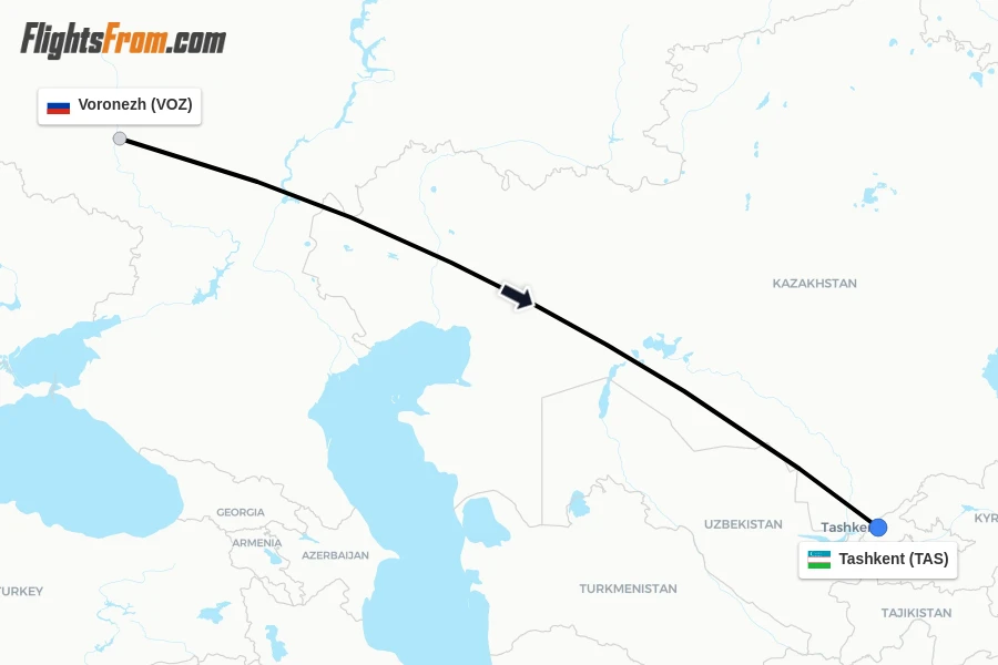 Flights from Voronezh to Tashkent route map