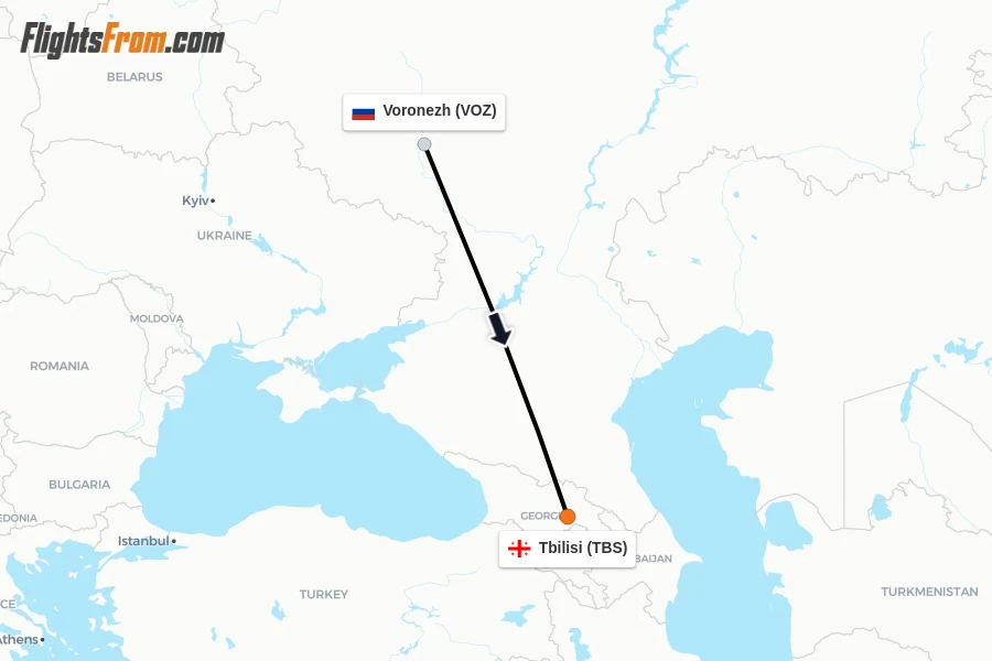 Flights from Voronezh to Tbilisi route map
