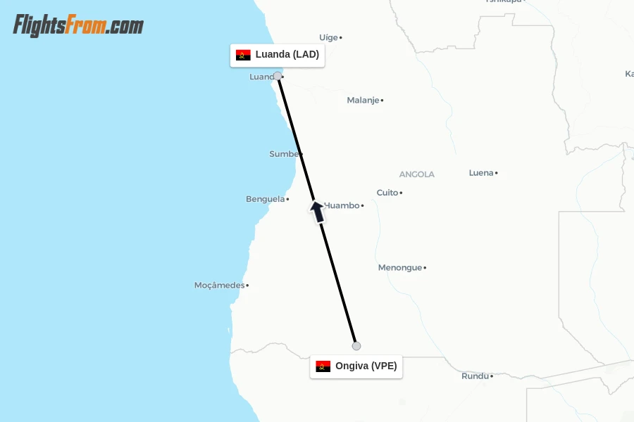 Flights from Ongiva to Luanda route map