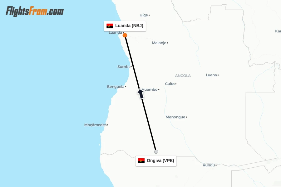 Flights from Ongiva to Luanda route map