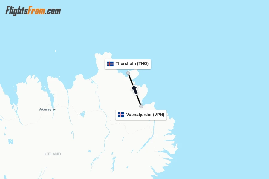 Flights from Vopnafjordur to Thorshofn route map