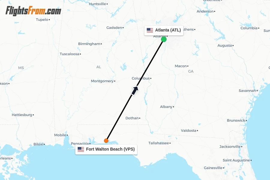 Flights from Fort Walton Beach to Atlanta route map