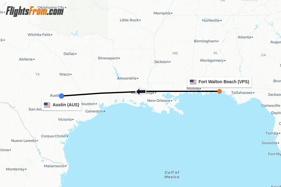 Flights from Fort Walton Beach to Austin route map