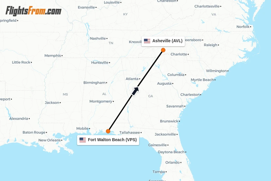 Flights from Fort Walton Beach to Asheville route map
