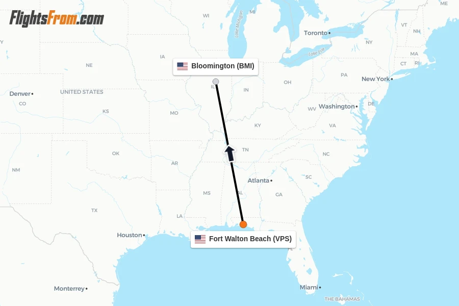 Flights from Fort Walton Beach to Bloomington route map