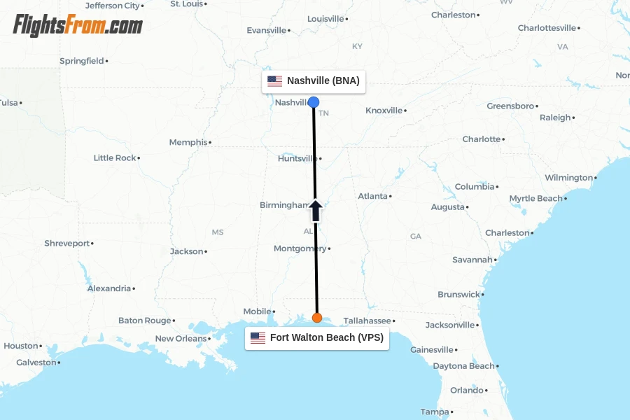 Flights from Fort Walton Beach to Nashville route map