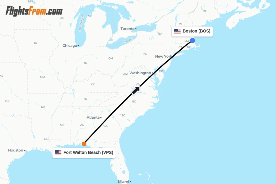 Flights from Fort Walton Beach to Boston route map