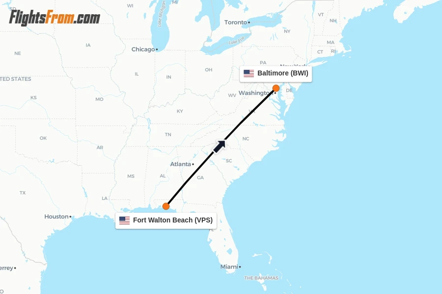 Flights from Fort Walton Beach to Baltimore route map