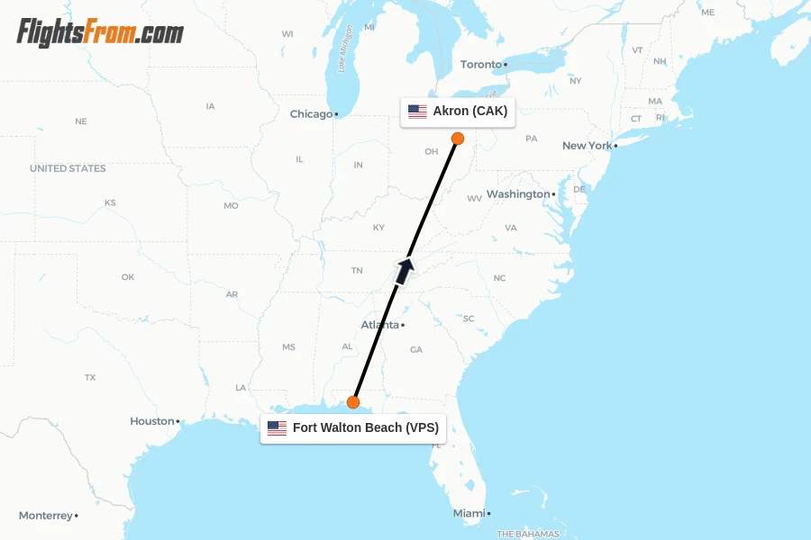 Flights from Fort Walton Beach to Akron route map