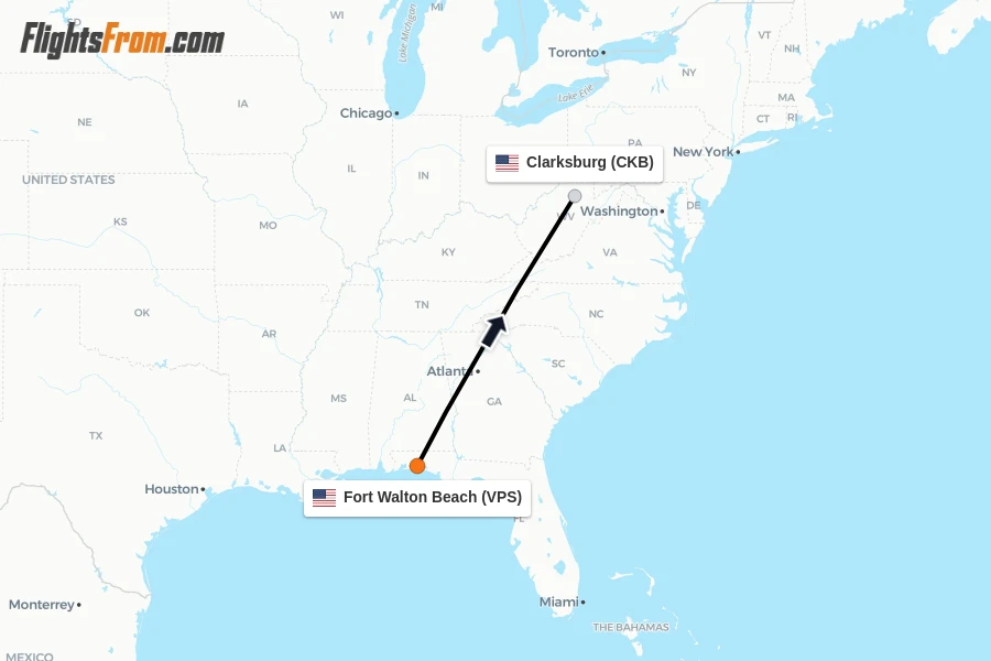 Flights from Fort Walton Beach to Clarksburg route map