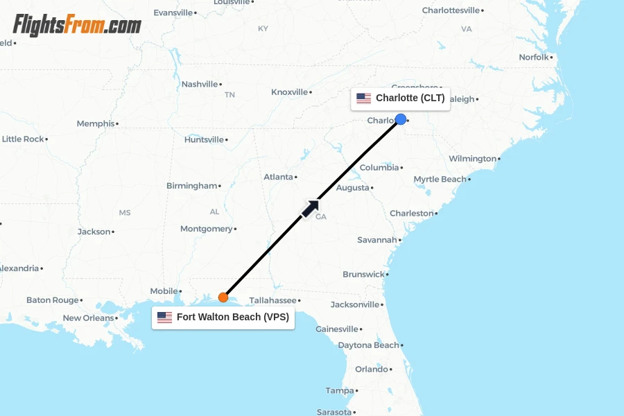 Flights from Fort Walton Beach to Charlotte route map