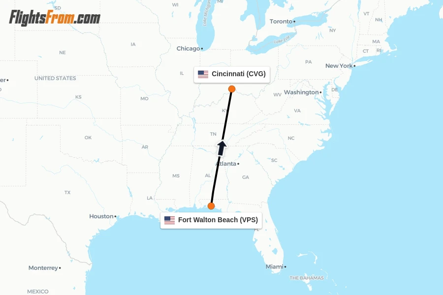 Flights from Fort Walton Beach to Cincinnati route map