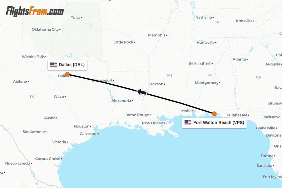 Flights from Fort Walton Beach to Dallas route map