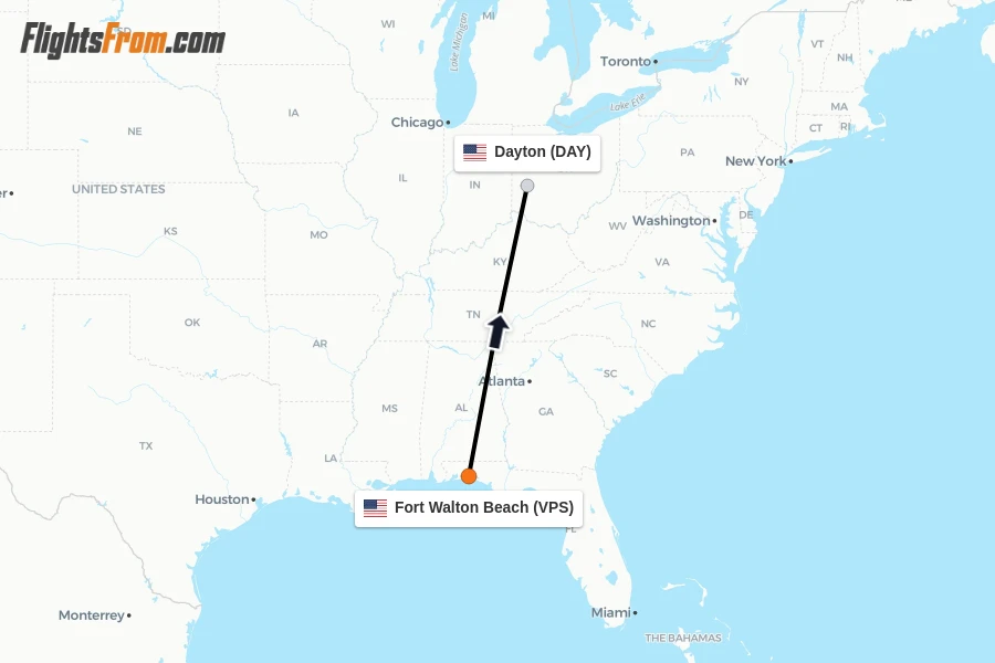 Flights from Fort Walton Beach to Dayton route map