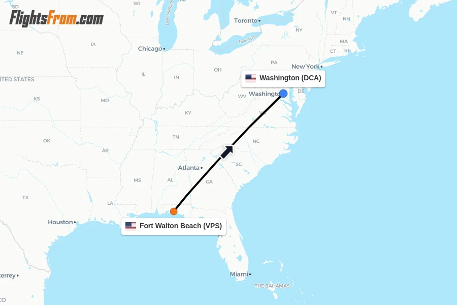 Flights from Fort Walton Beach to Washington route map