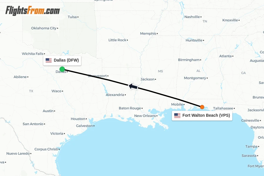 Flights from Fort Walton Beach to Dallas route map