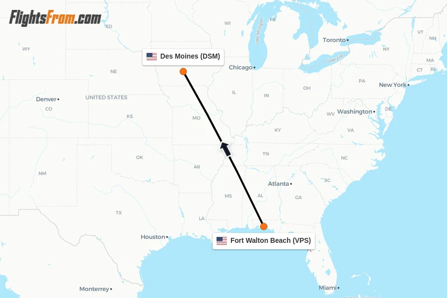 Flights from Fort Walton Beach to Des Moines route map